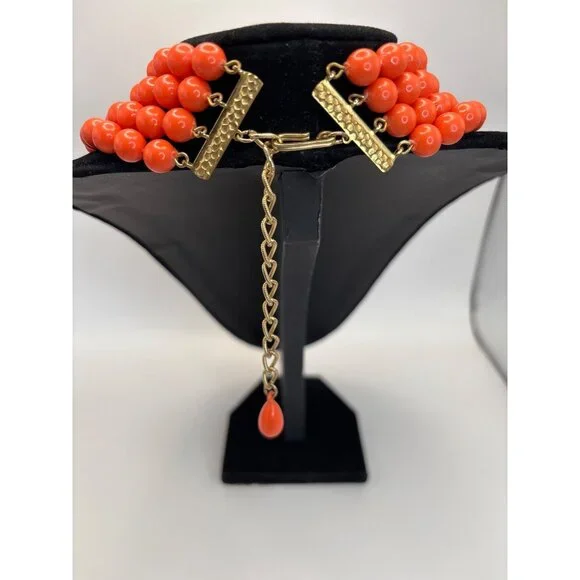 Vintage Coral Orange Multi Beaded 4 Strand Acrylic Choker Statement Necklace Uns - Picture 5 of 5